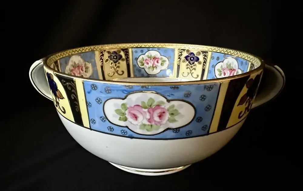 Antique Noritake Double Handled Cream Soup Bowl M Wreath Pink Rose 1921-1930